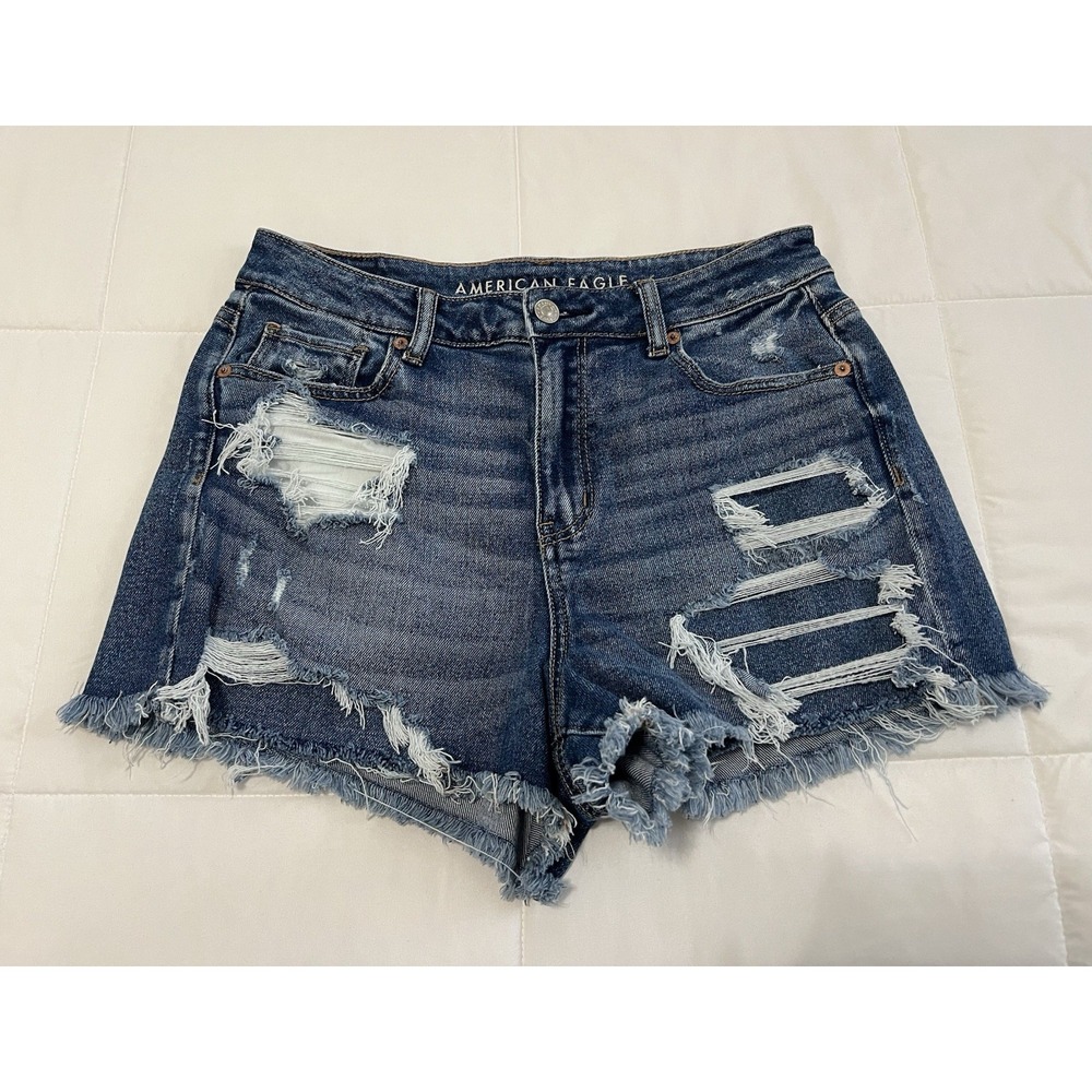 American Eagle‎ Mom Shorts Stretch Denim Blue Wash Distressed High Waisted Sz 10